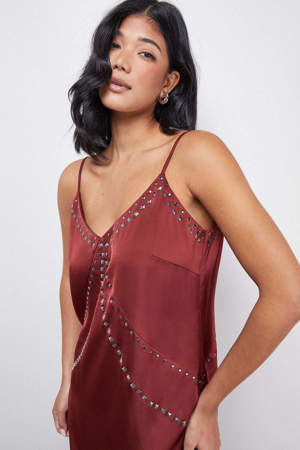 Warehouse Premium Stud Embellished Strappy Cami Slip Dress Burgundy image 4