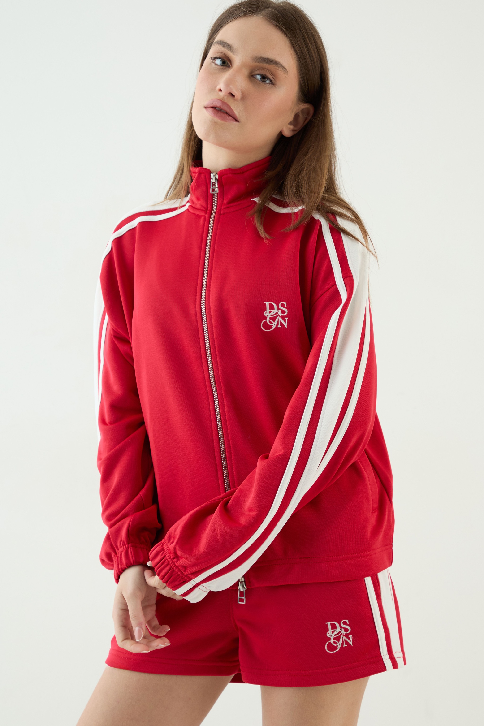 DSGN Studio DSGN Studio Tricot Side Stripe Funnel Neck Track Jacket Red