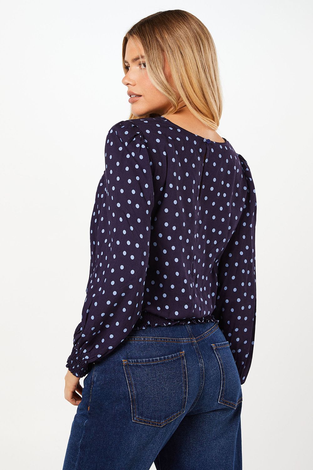 Dorothy Perkins Blue Spot Shirred Hem Long Sleeve Blouse Blue image 3