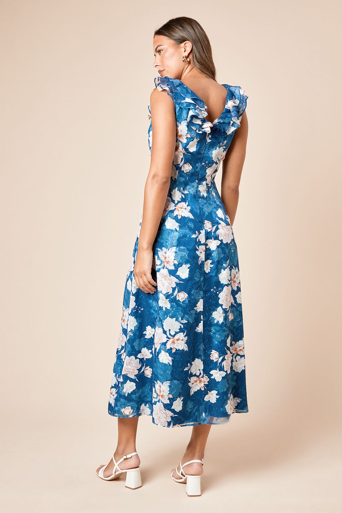 Dorothy Perkins DP Luxe Blue Floral Printed Jacquard Chiffon Ruffle Front Sleeveless Midi Dress Blue image 4