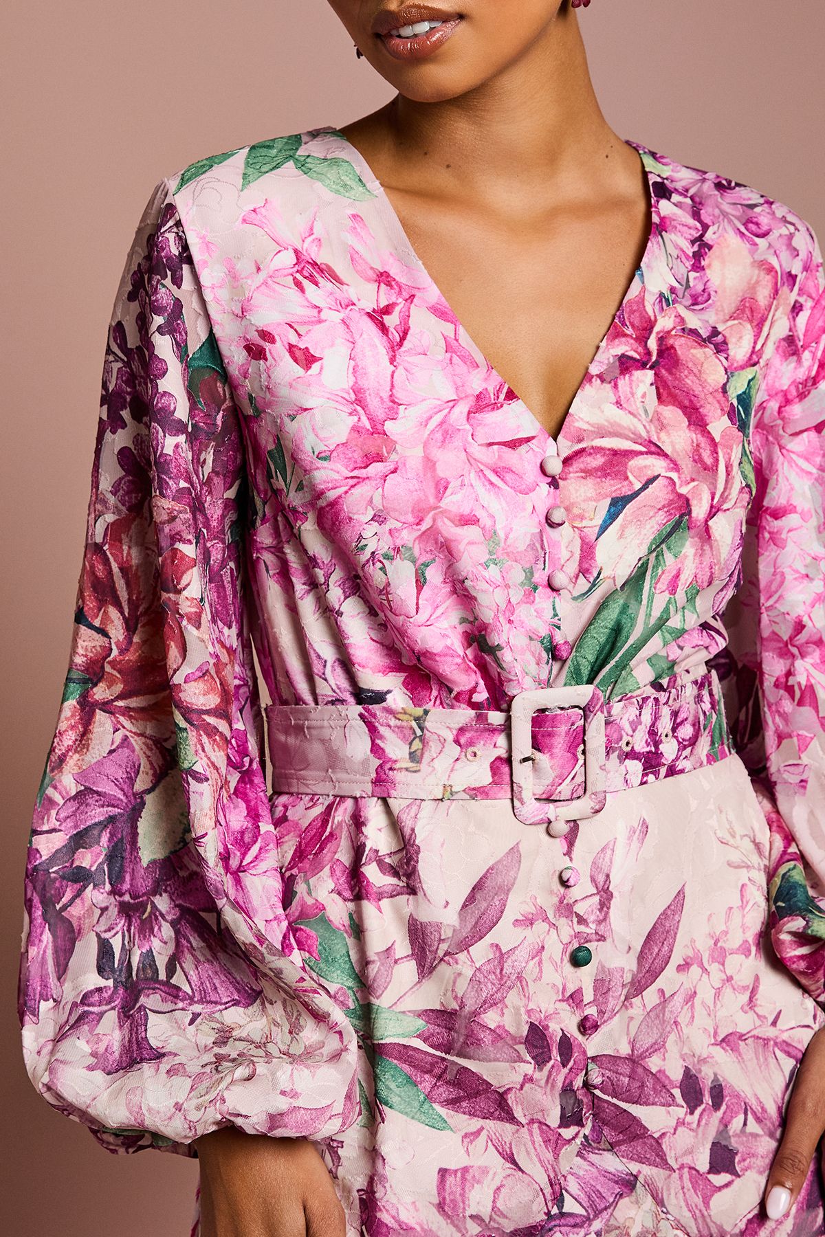 Coast Petite Long Sleeve Chiffon Midaxi Dress With Belt Pink image 5