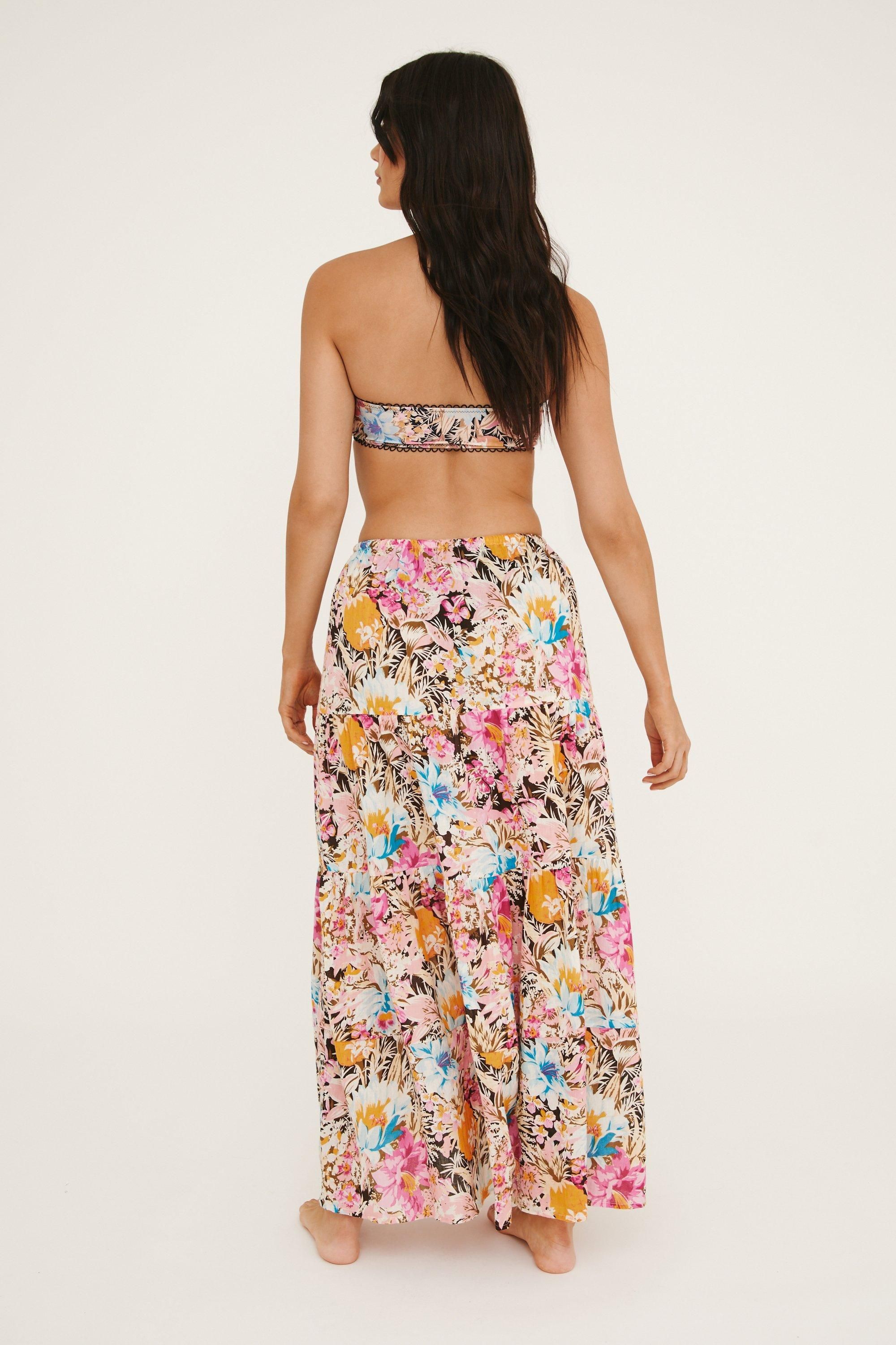 NastyGal Cotton Pineapple Low Rise Tassel Maxi Beach Skirt Pink image 4