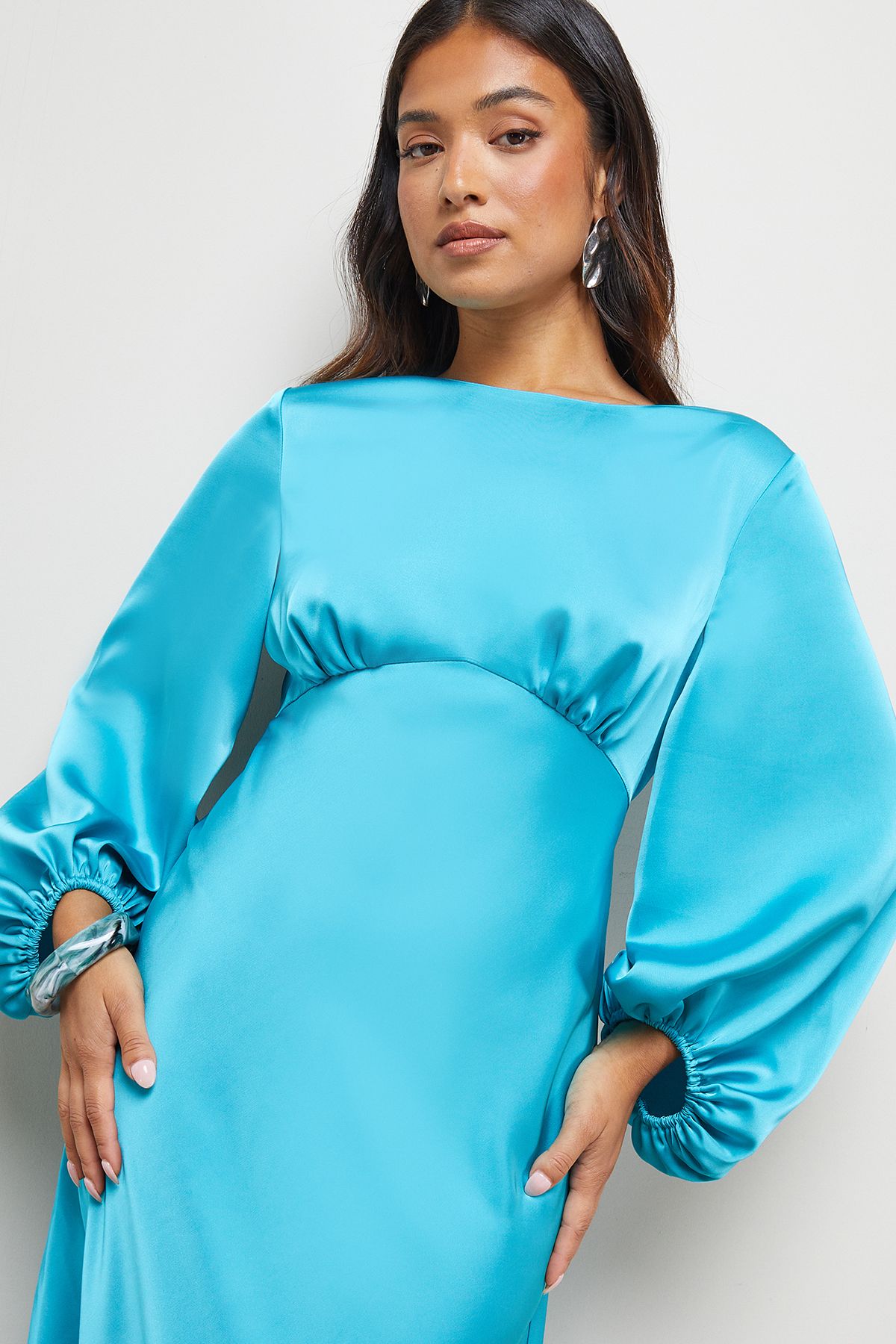 Oasis Petite Satin Boho Sleeve Crew Neck Bias Midi Dress Aqua image 4