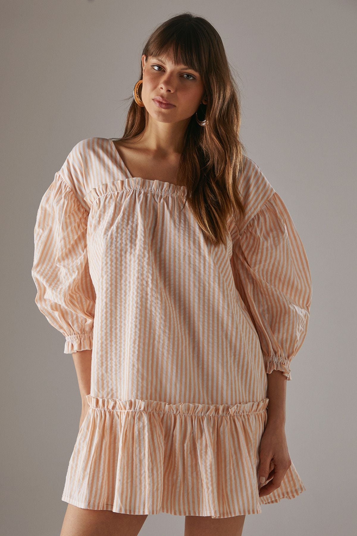 Warehouse Seersucker Check Frill Balloon Sleeve Mini Smock Dress Yellow image 1