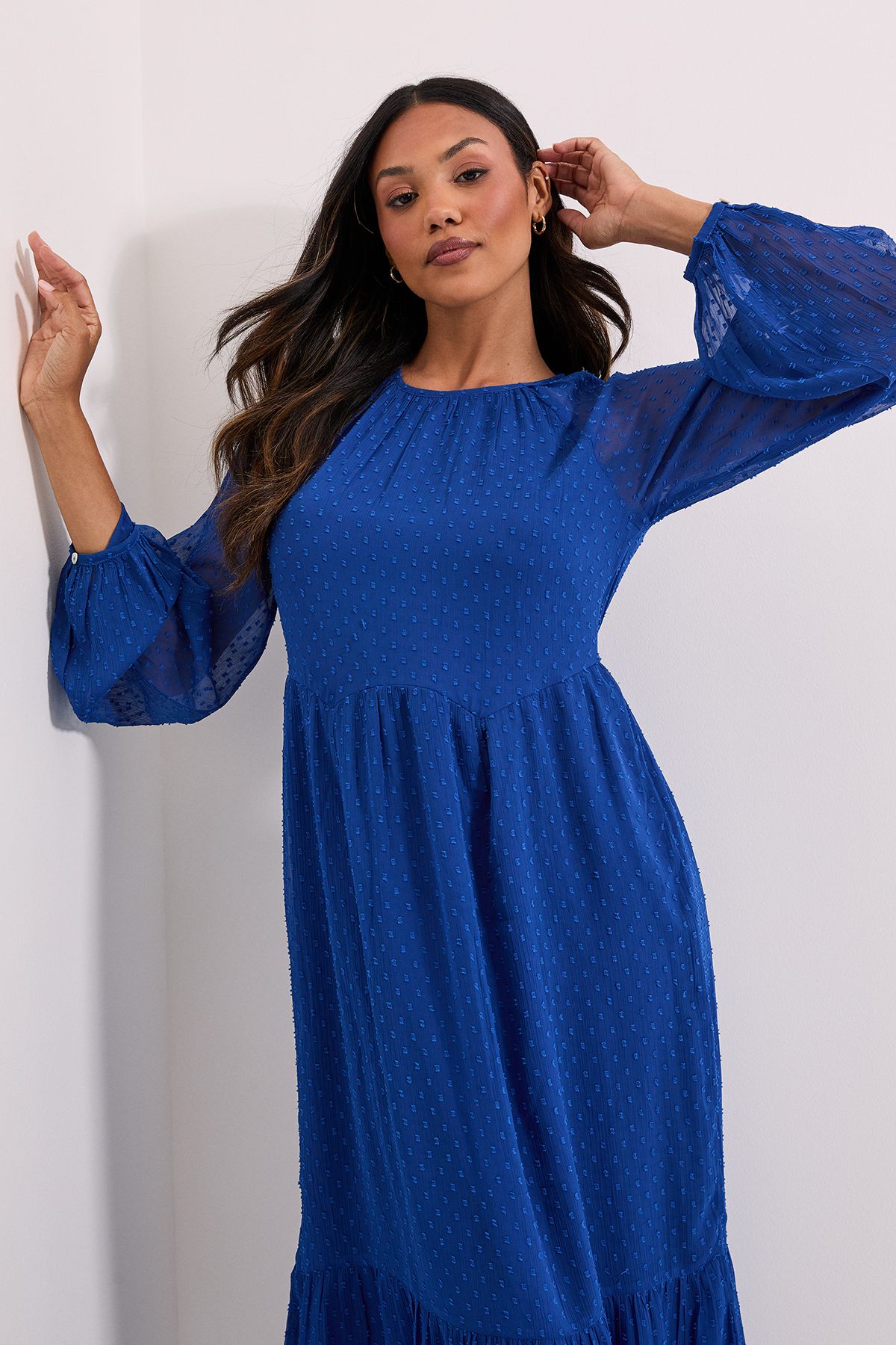 Dorothy Perkins Dobby Chiffon Tiered Blouson Sleeve Midaxi Dress Blue image 4