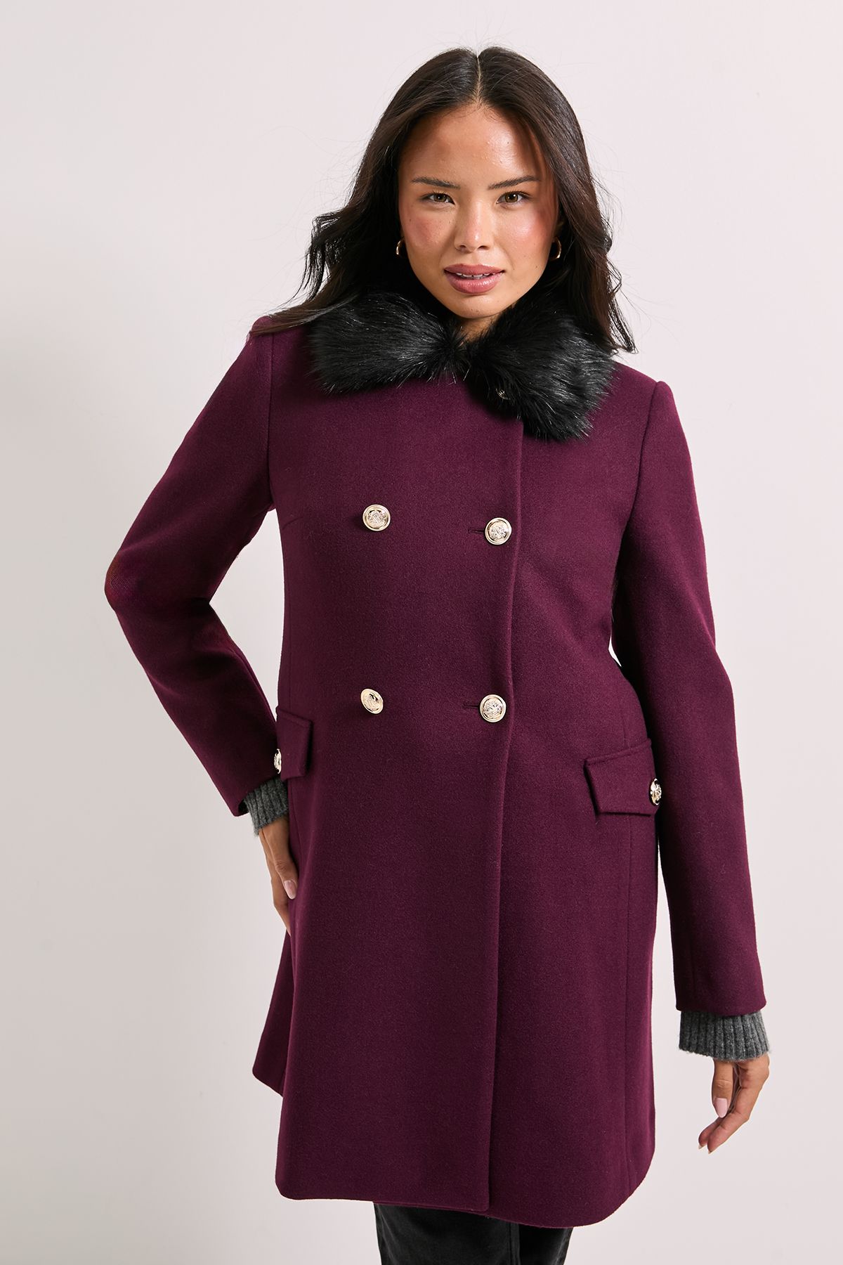 Dorothy Perkins Faux Fur Collar Dolly Coat Burgundy image 1