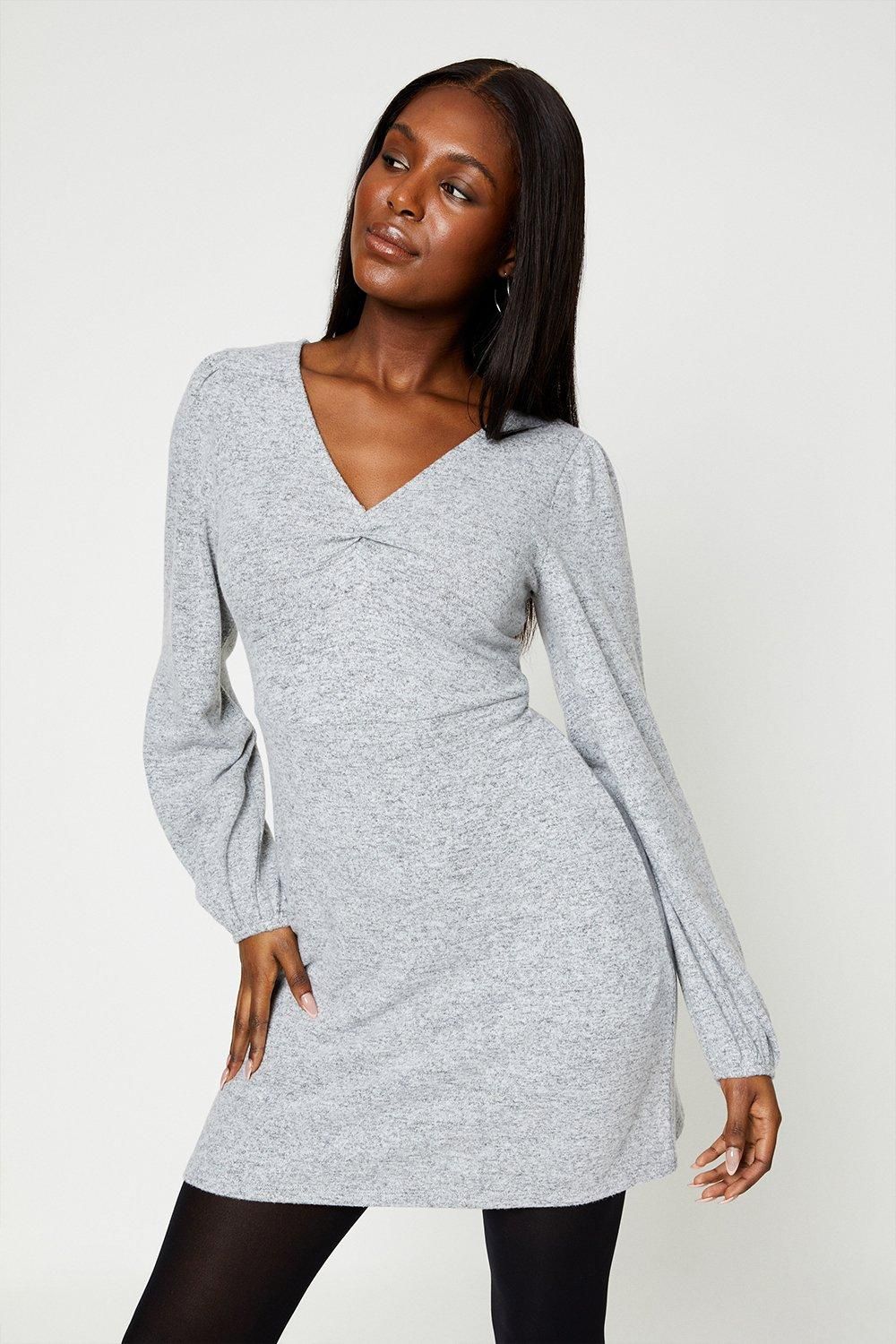 Dorothy Perkins Brushed Soft Touch Ruched Front Mini Dress Grey Marl image 4