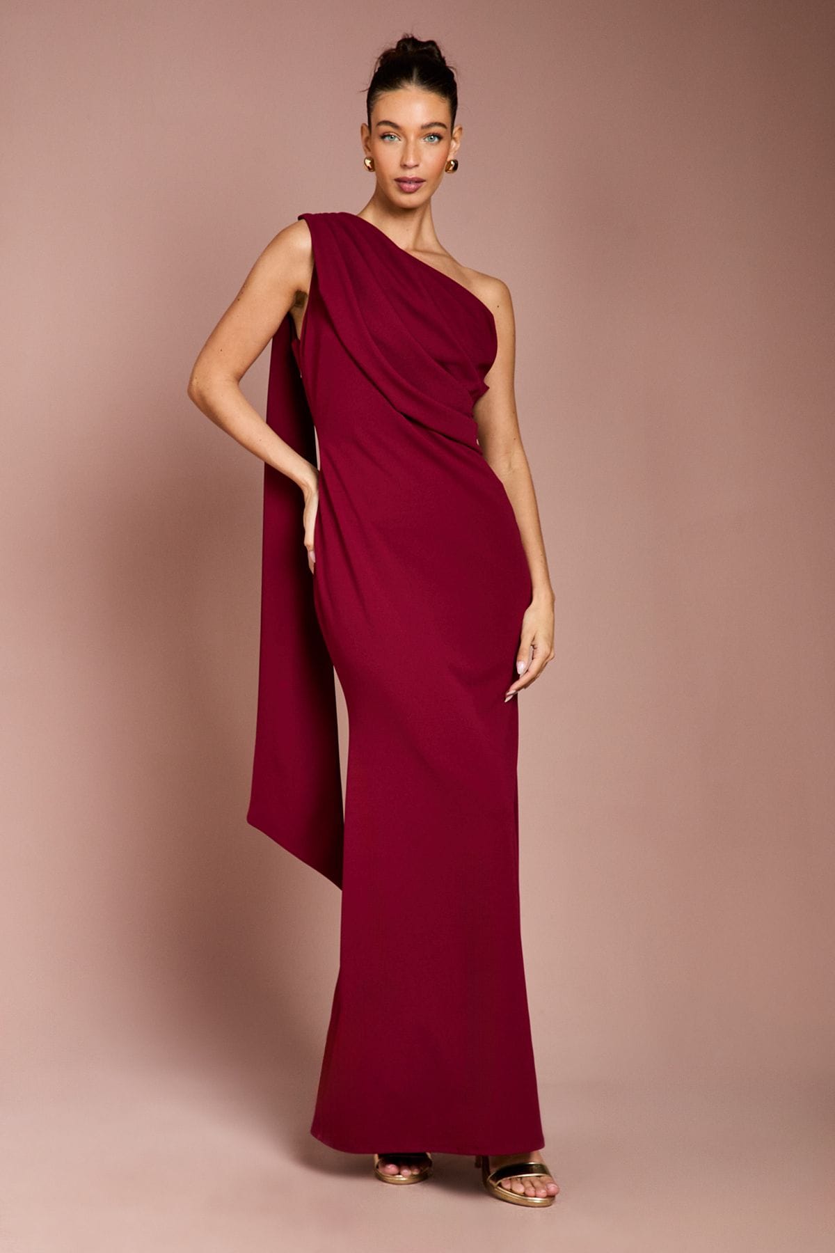 Coast One Shoulder Stretch Crepe Maxi Dress Wine image 1