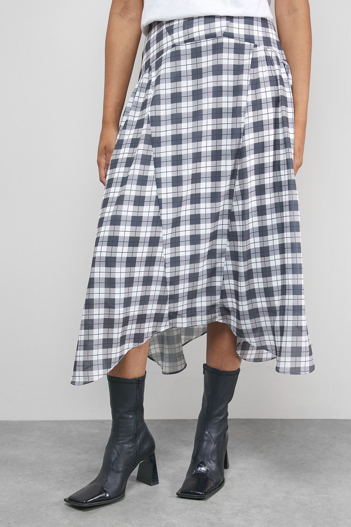 Warehouse Tony Check Chiffon Asymmetric Midi Skirt Black