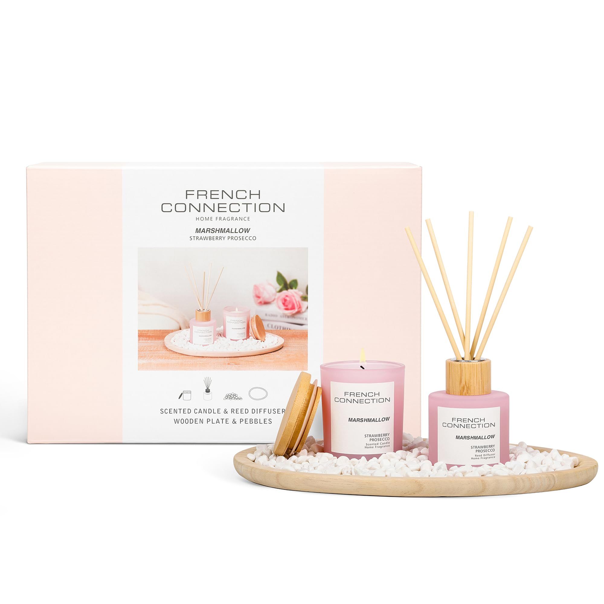 French Connection Marshmallow Home Fragrance Gift Set, Scented Candle & Reed Diffuser with Wooden Plate & Pebbles