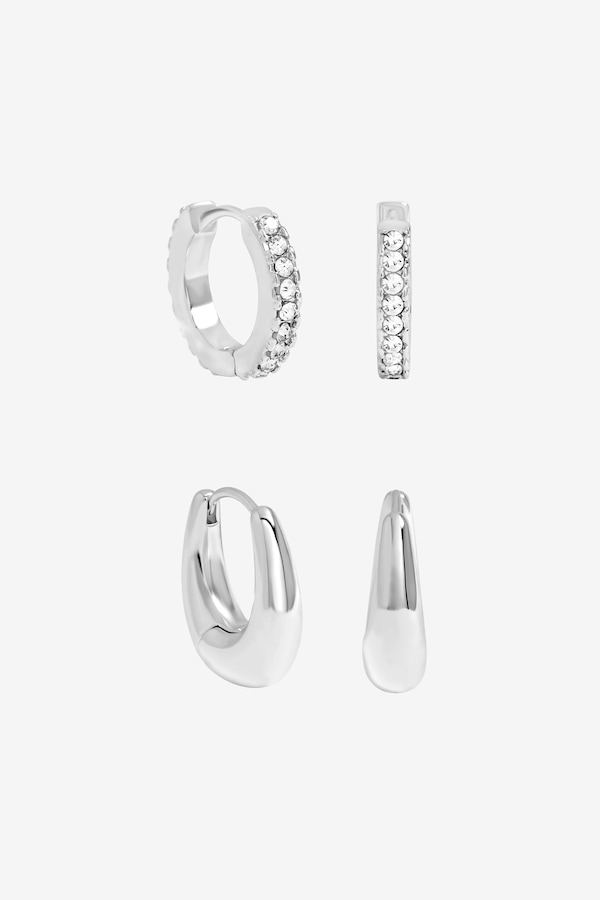 Jon Richard Silver Plated Polished and Pave Hoops - Pack of 2