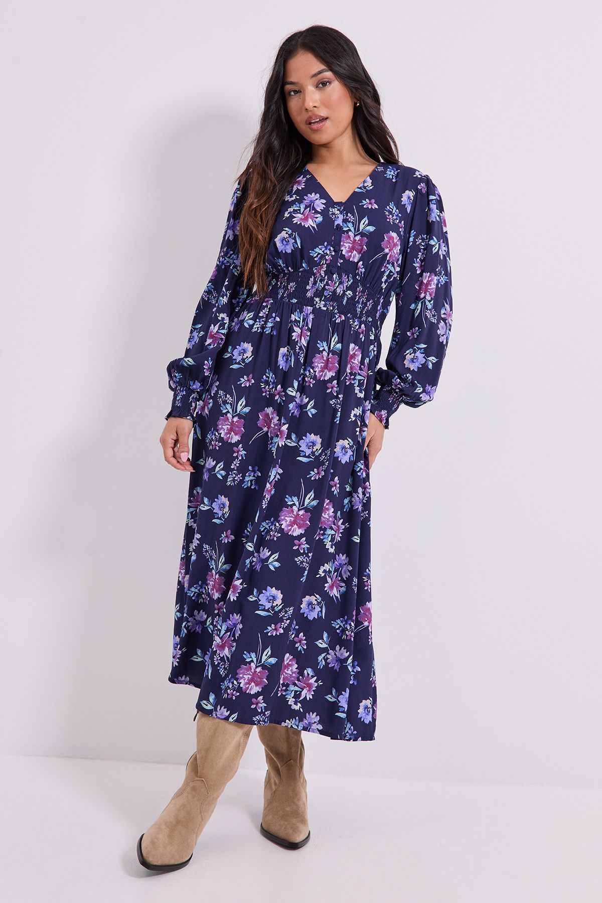 Dorothy Perkins Petite V Neck Button Front Detail Printed Midi Dress Blue image 1