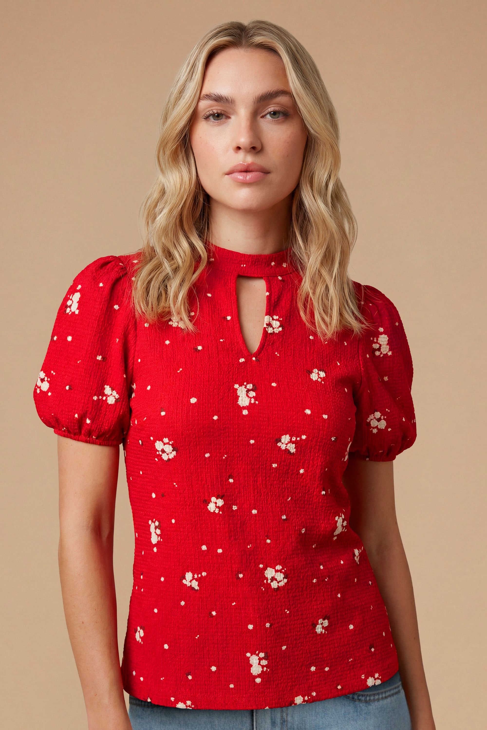 Dorothy Perkins Red Ditsy Keyhole Neck With Puff Sleeve Blouse Red