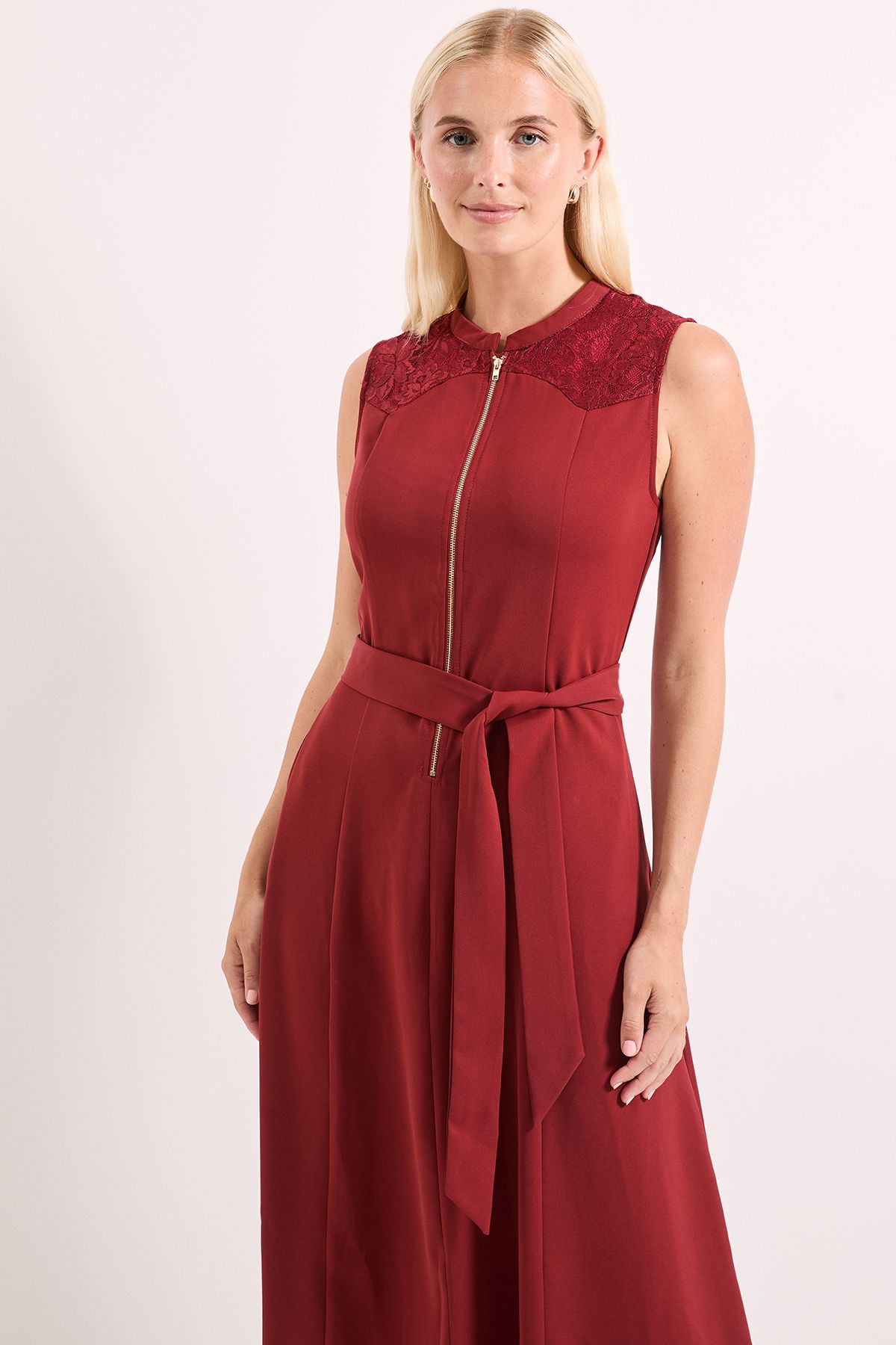 Principles Western Yoke Lace Detail Tie Waist Midi Dress Berry image 1