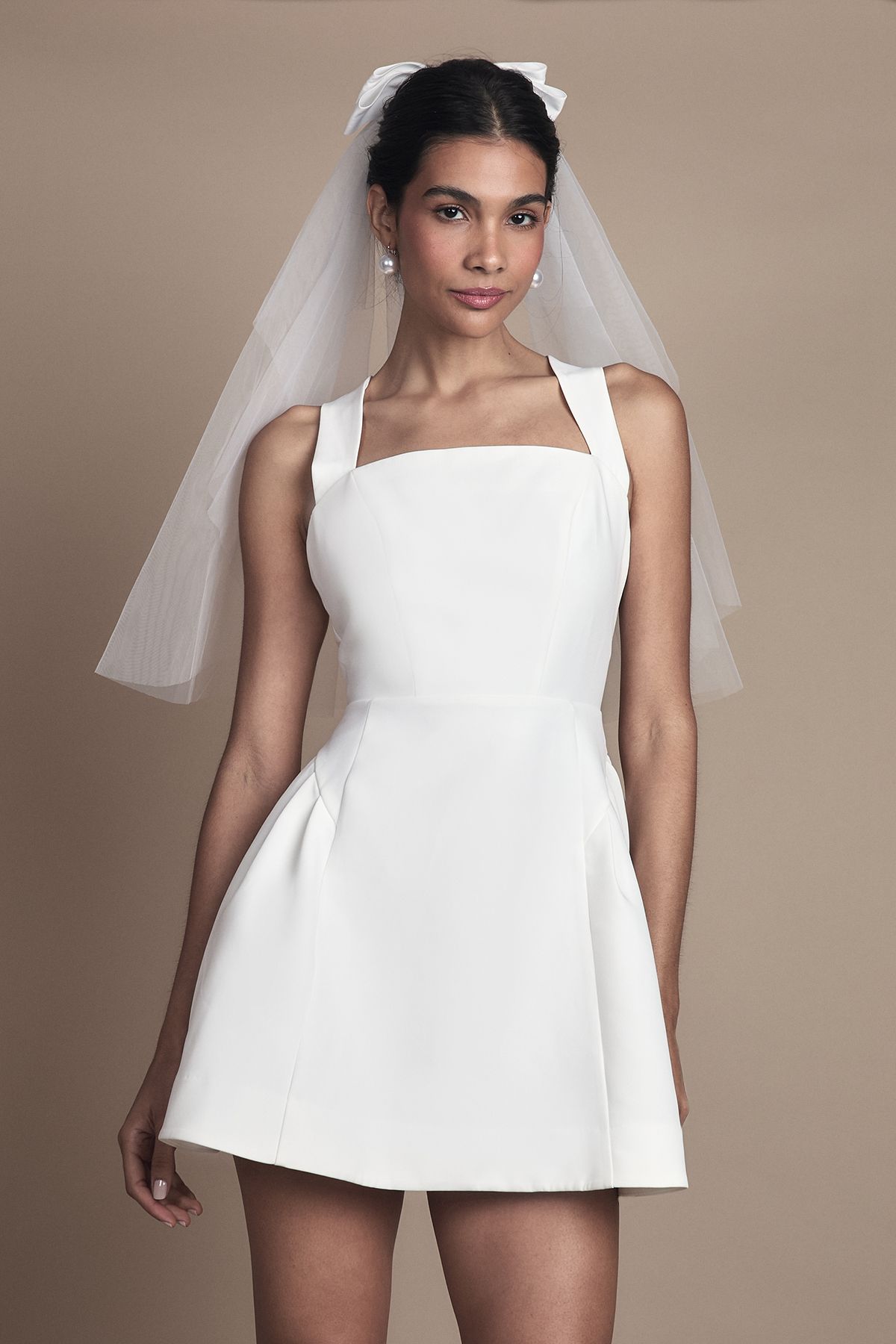 Coast Petite Bow Back Structured Crepe Bridal Mini Dress Ivory image 1