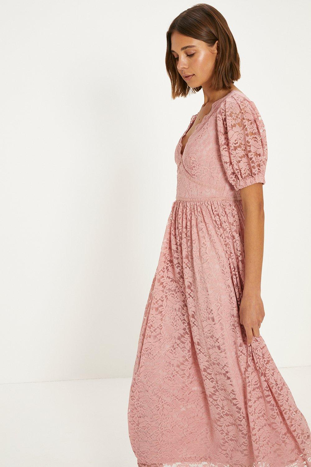 Oasis Lace Puff Sleeve V Neck Midaxi Dress Dusty Pink image 2