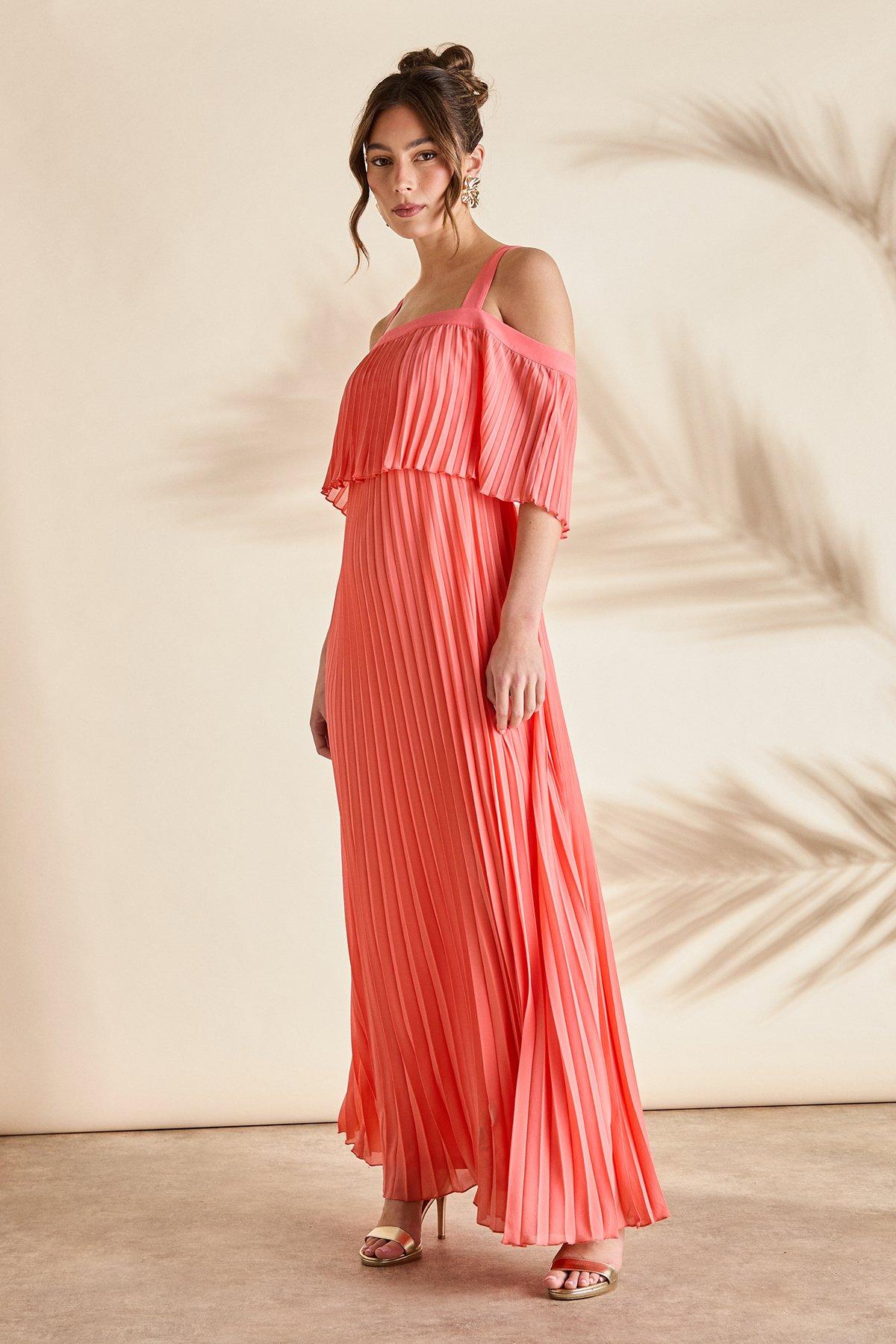 Coral Pleated Midi Dress Goddiva Cowl Neck Pleated A-Line Chiffon Midi Dress  Coral By