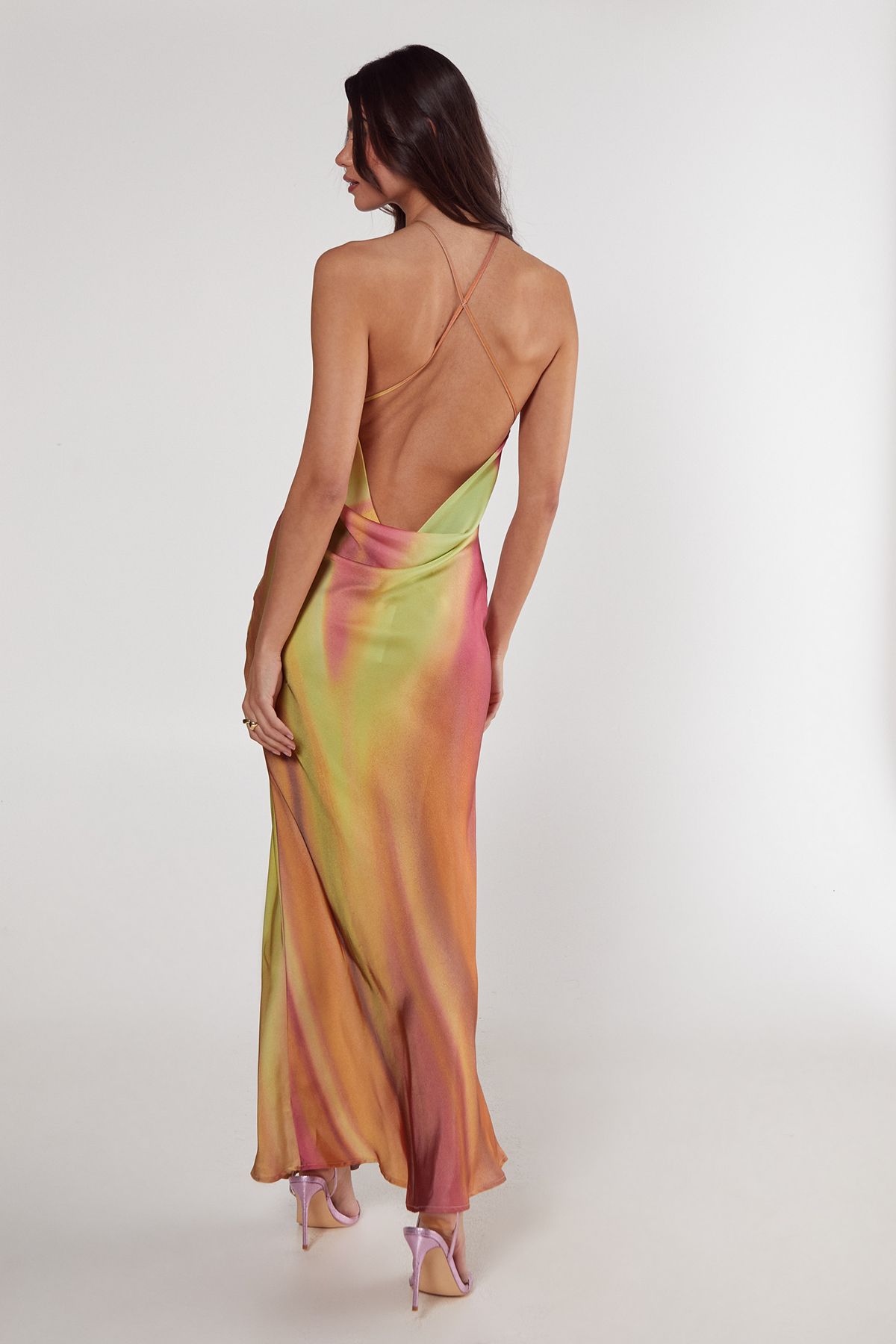 NastyGal Satin Floral Ombre Halter Neck Cowl Back Maxi Dress Lime image 4