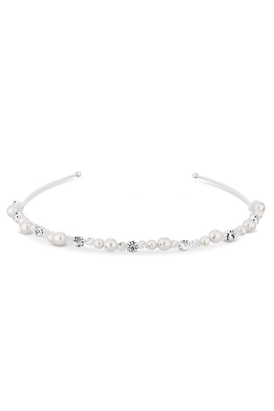 Jon Richard Silver Plated Clear Crystal Poppy Pearl And Crystal Bead Headband - Gift Pouch