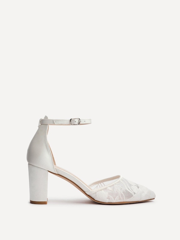 Linzi Essence Ivory Satin Floral Lace Block Court Heel