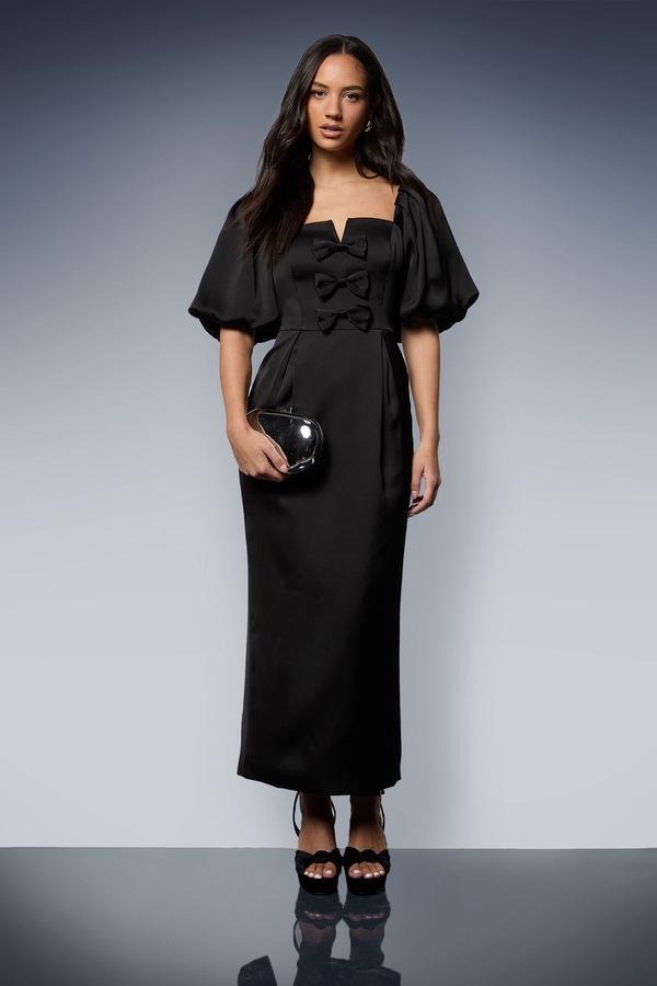 Oasis Satin Bow Front Puff Sleeve Midi Dress Black