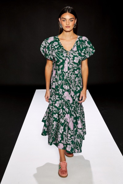 RUNWAY 1.8.1.8 Runway 1.8.1.8 Short Puff Sleeve Asymmetric Hem Midi Dress Green