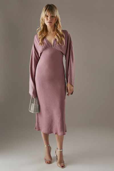 Warehouse Flare Sleeve Plunge Satin Midi Dress Pale Lilac