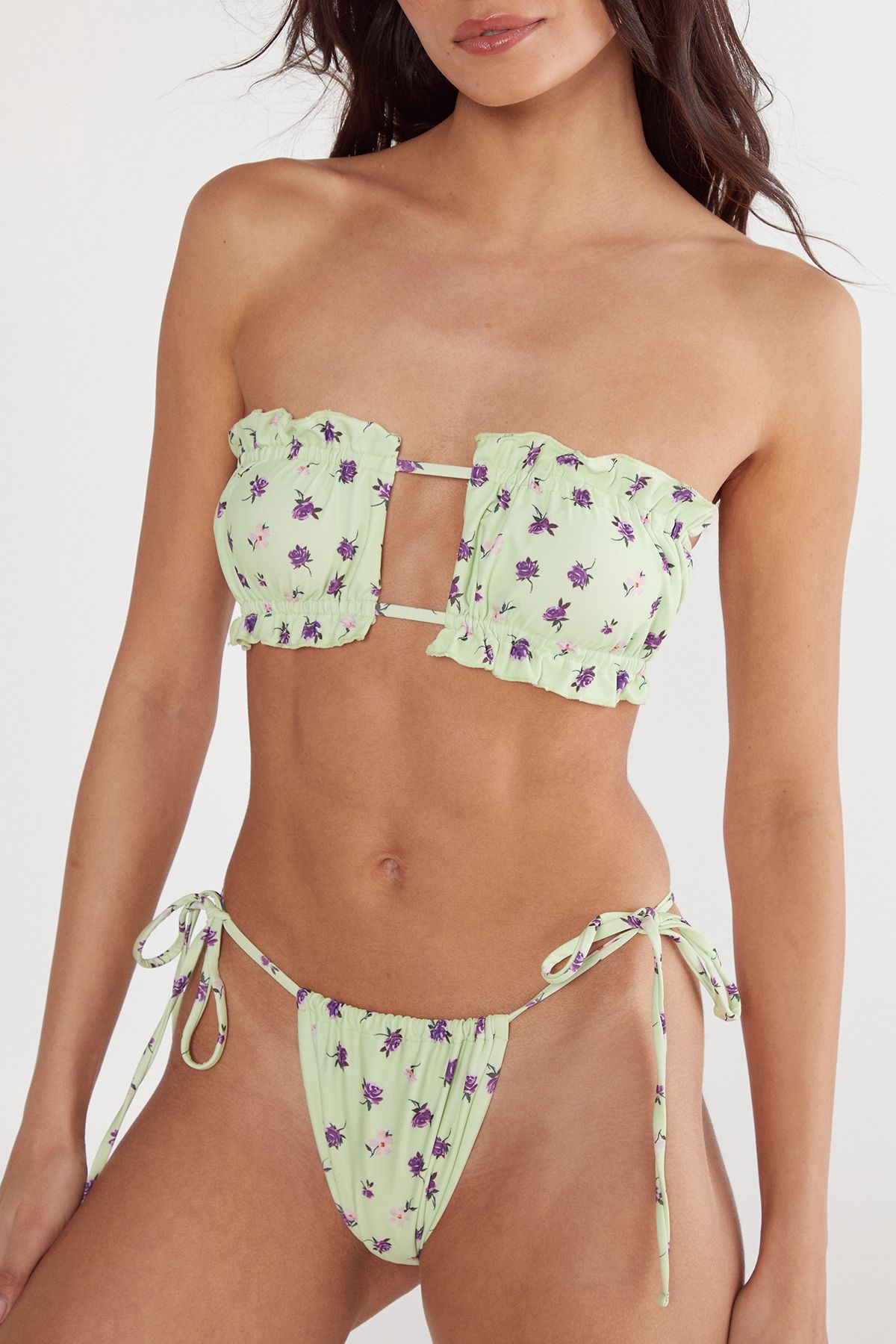 NastyGal Ditsy Floral Ruched Bandeau Bikini Set Mint image 3