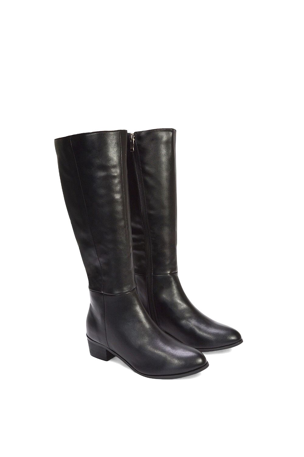 XY London Black 'Anne' Knee High Boots With Low Block Heel | PLT
