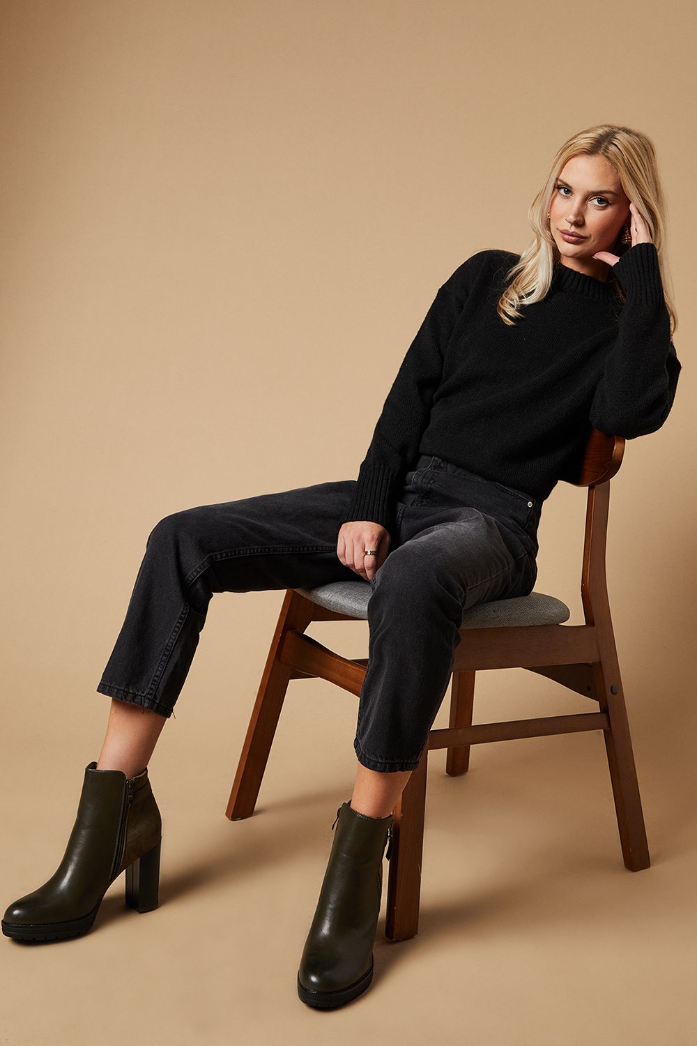 Oasis Mika Buckle Detail Side Zip High Block Heel Platform Ankle Boot Khaki image 2