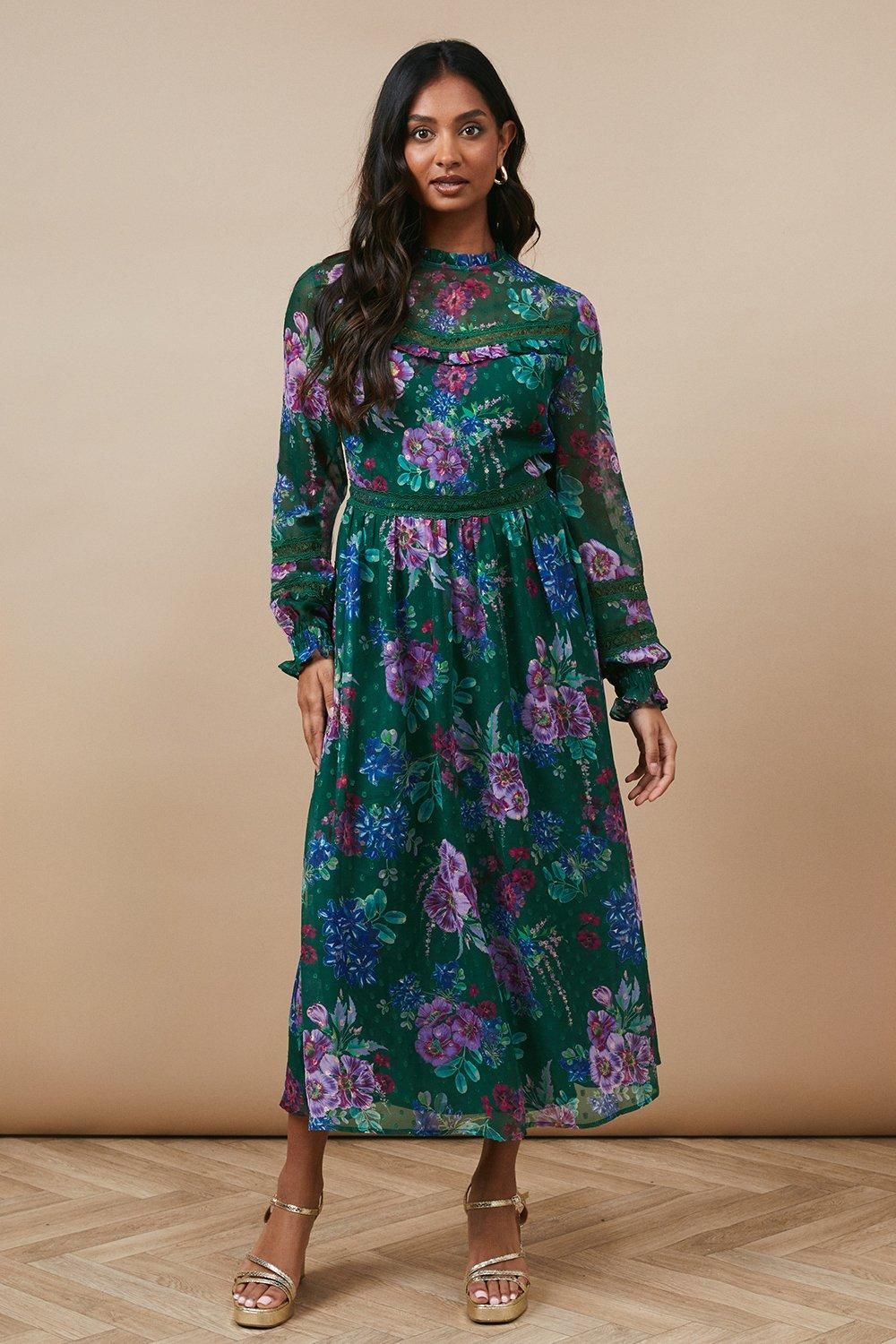 Oasis Occasion Floral Glitter Lace Trim Midi Dress Green image 1