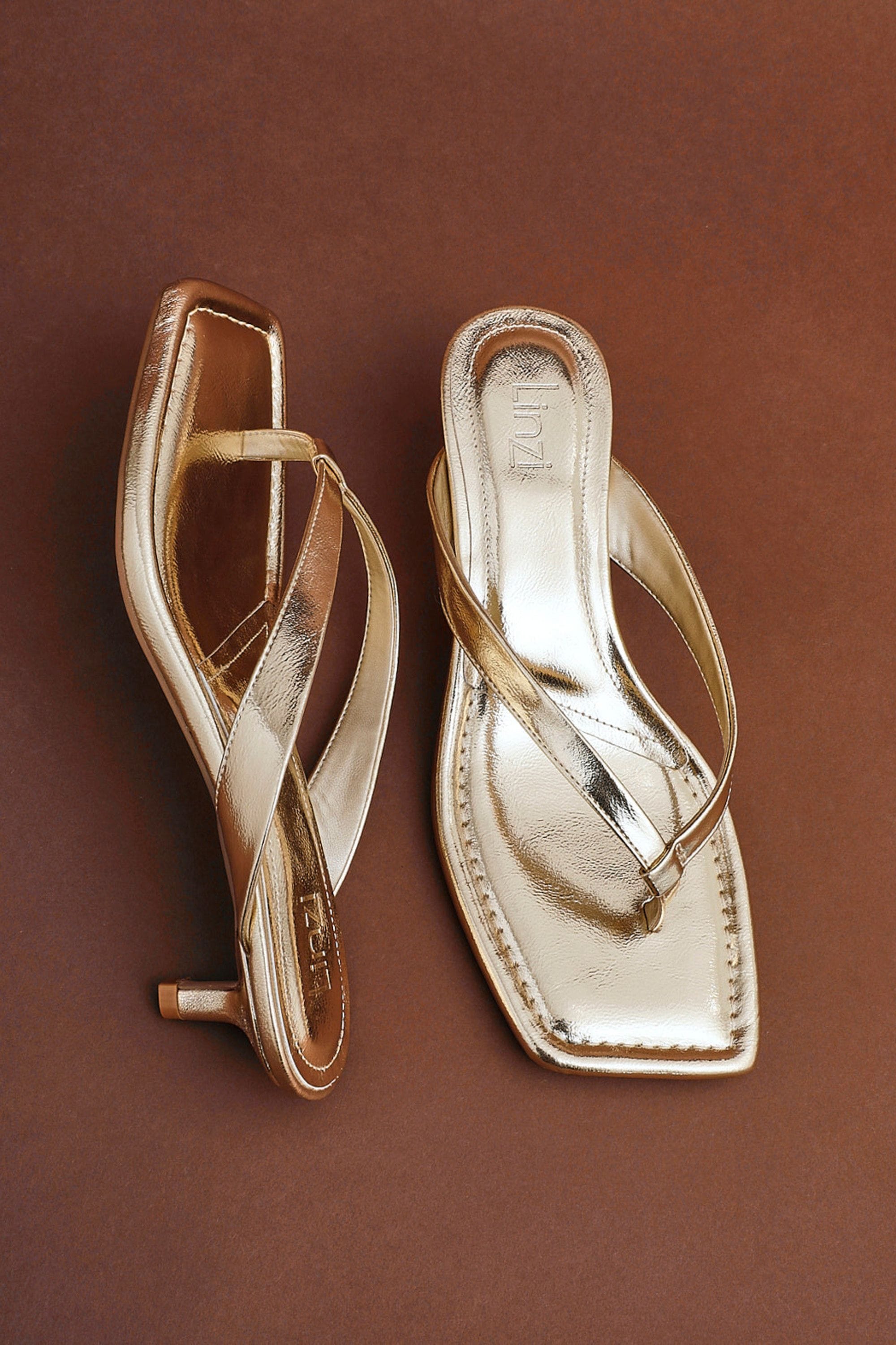 Linzi Potential Gold Faux Leather Toe Post Kitten Heel image 6