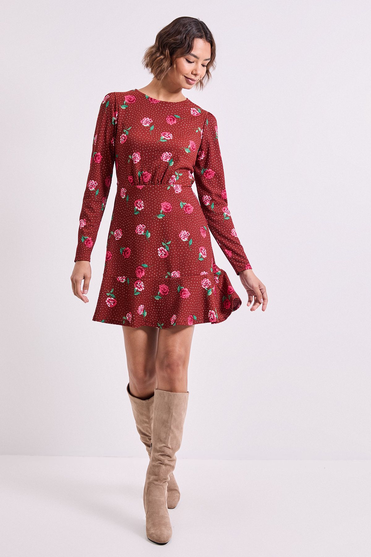 Dorothy Perkins Floral Wrap Skirt Detail Jersey Mini Dress Burgundy image 1