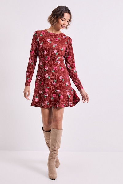 Dorothy Perkins Floral Wrap Skirt Detail Jersey Mini Dress Burgundy