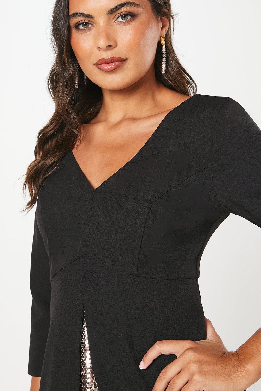 Coast Party Sequin Insert Midi Dress With 3/4 Sleeves Black image 2