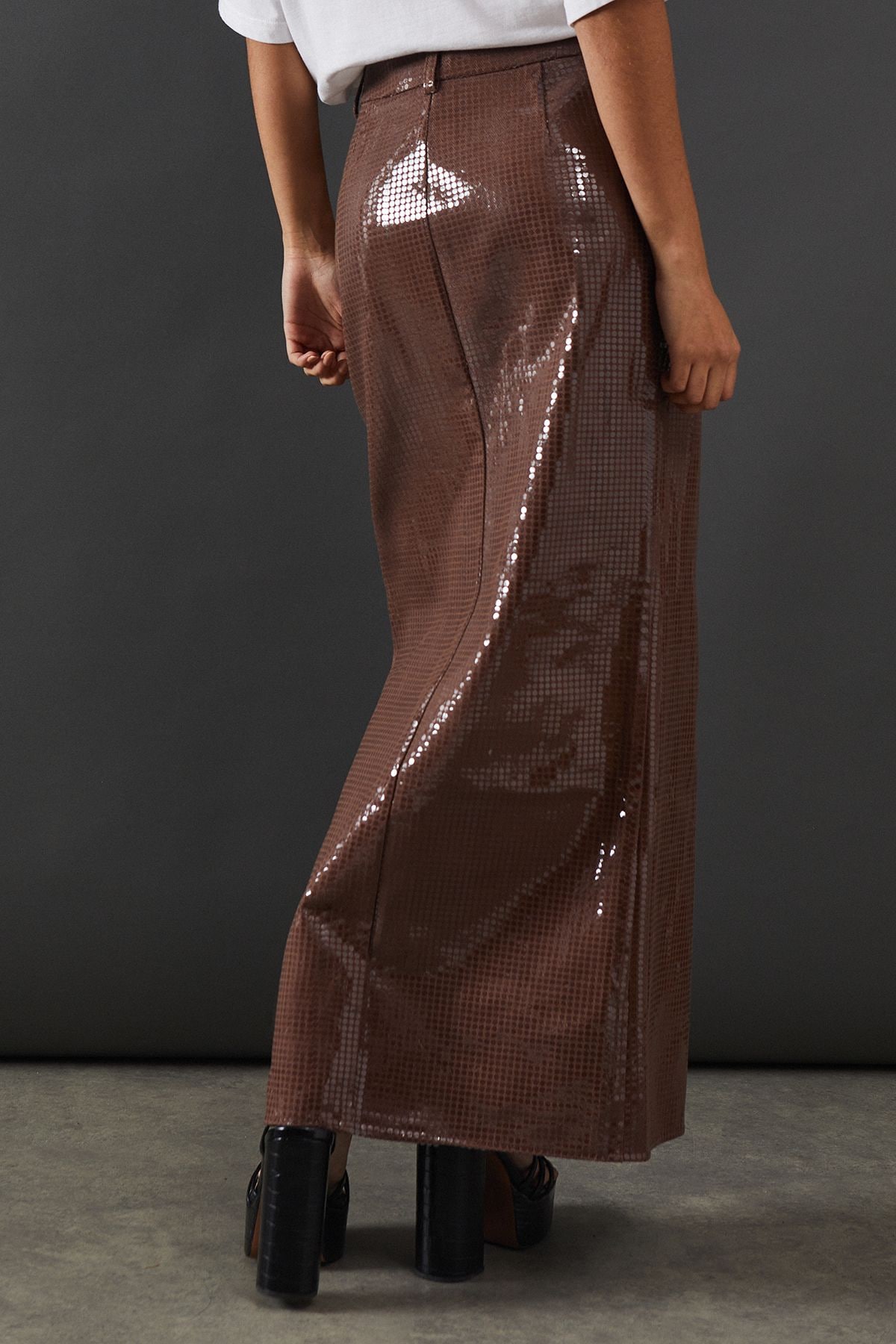 Warehouse Premium All Over Shimmer Denim Maxi Skirt Brown image 3