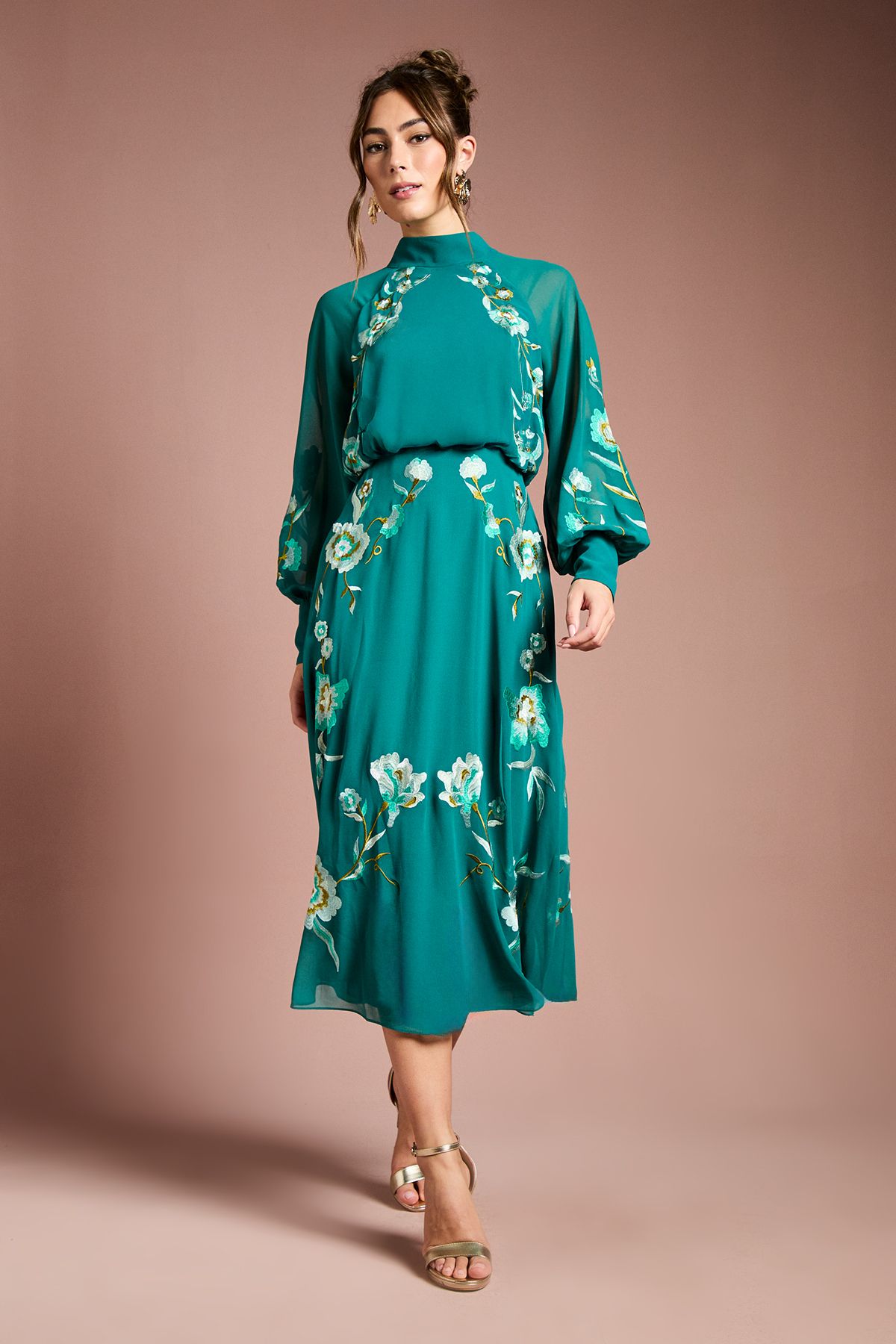 Coast High Neck Long Sleeve Floral Embroidered Midi Dress Teal