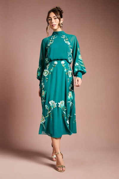 Coast High Neck Long Sleeve Floral Embroidered Midi Dress Teal