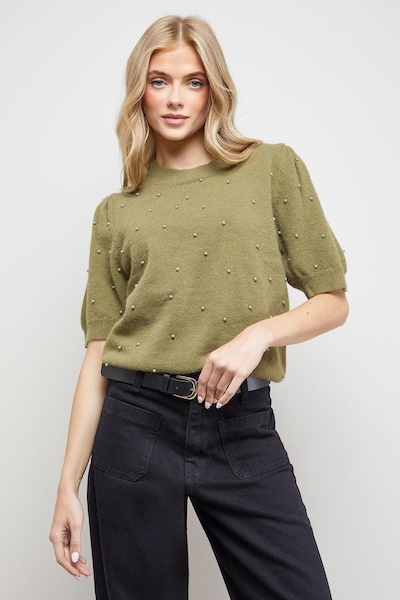 Oasis Pearl Embellished Crew Neck Puff Sleeve Knit Top Olive