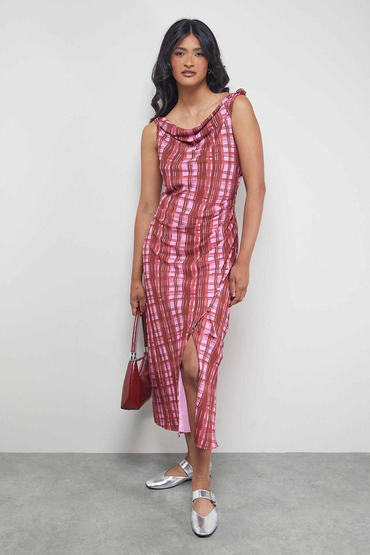 Warehouse Tony Chiffon Cowl Button Wrap Midi Slip Dress Pink image 2