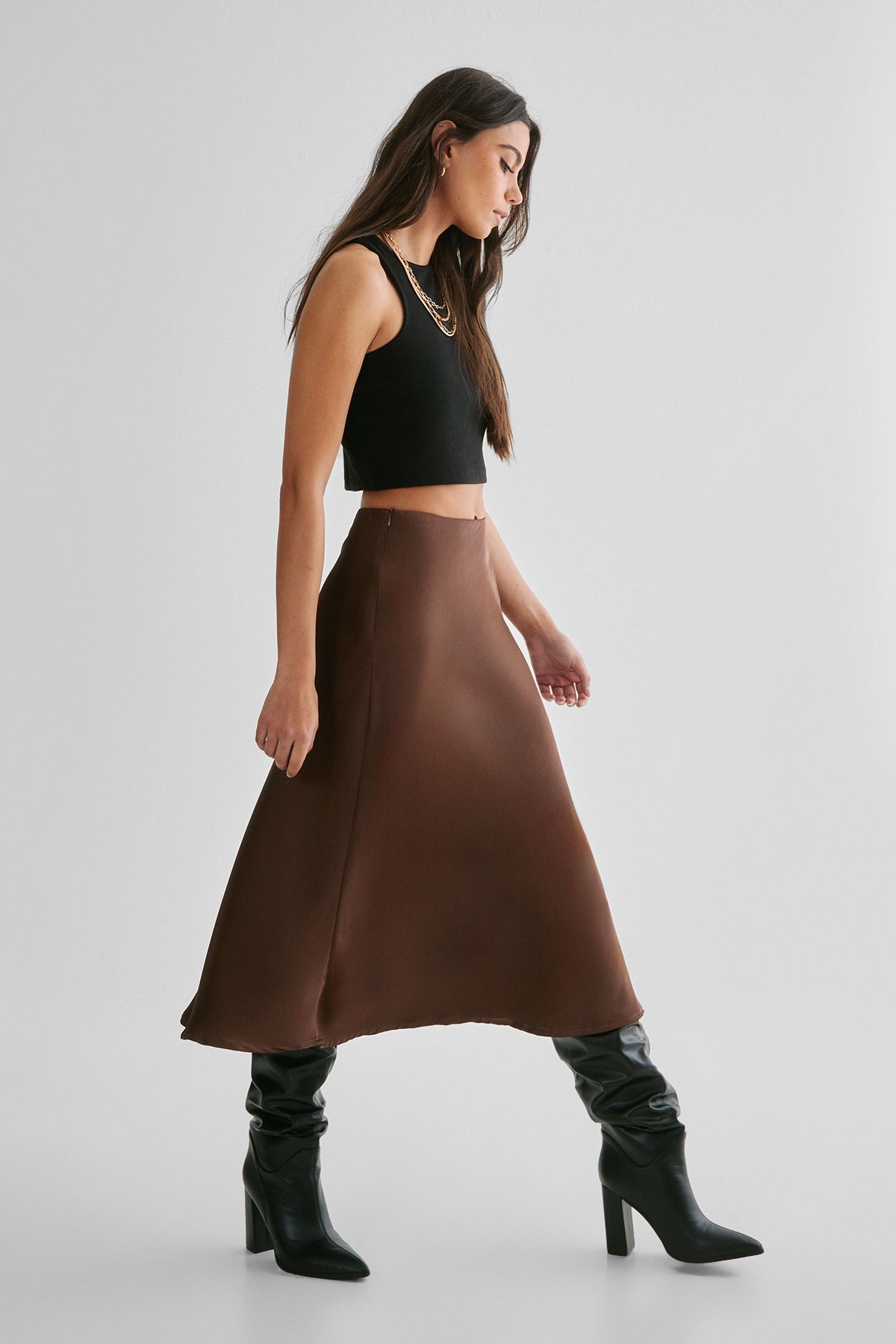 NastyGal Satin Midi Skirt Chocolate image 3