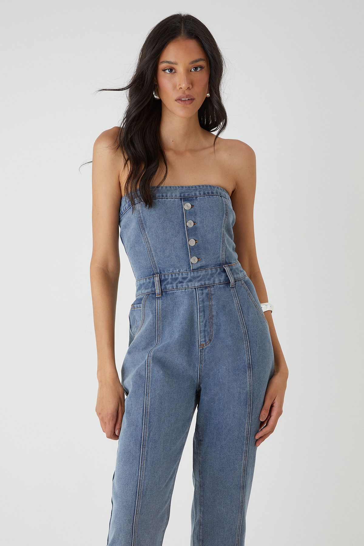 MissPap Bandeau Button Up Denim Jumpsuit Mid Wash image 3