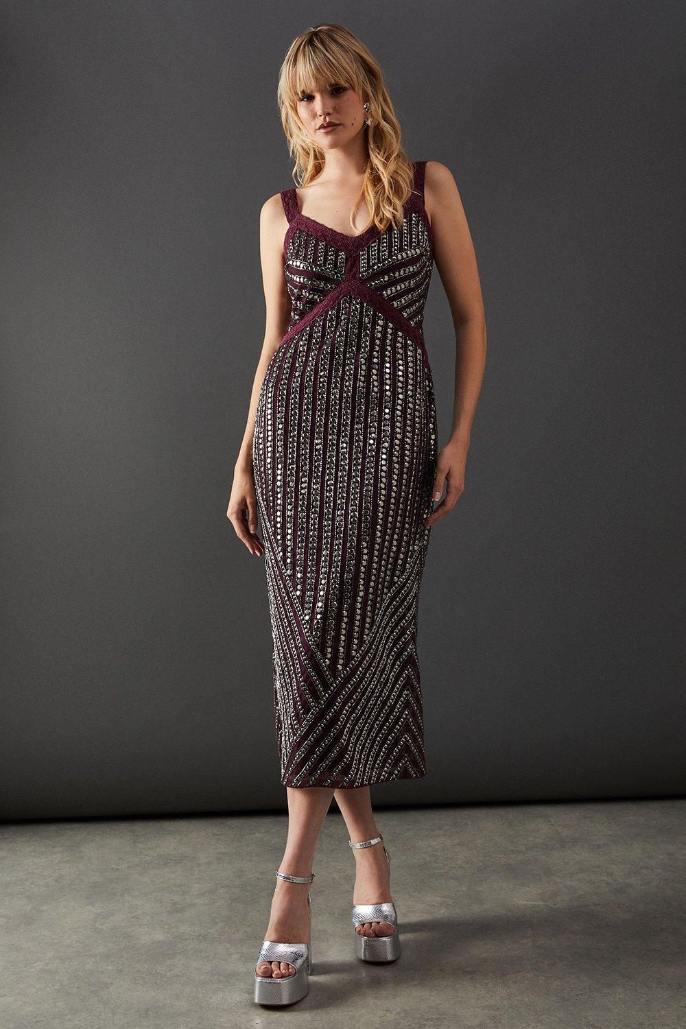 Warehouse Premium Stud Embellishment Midi Slip Dress Purple image 4