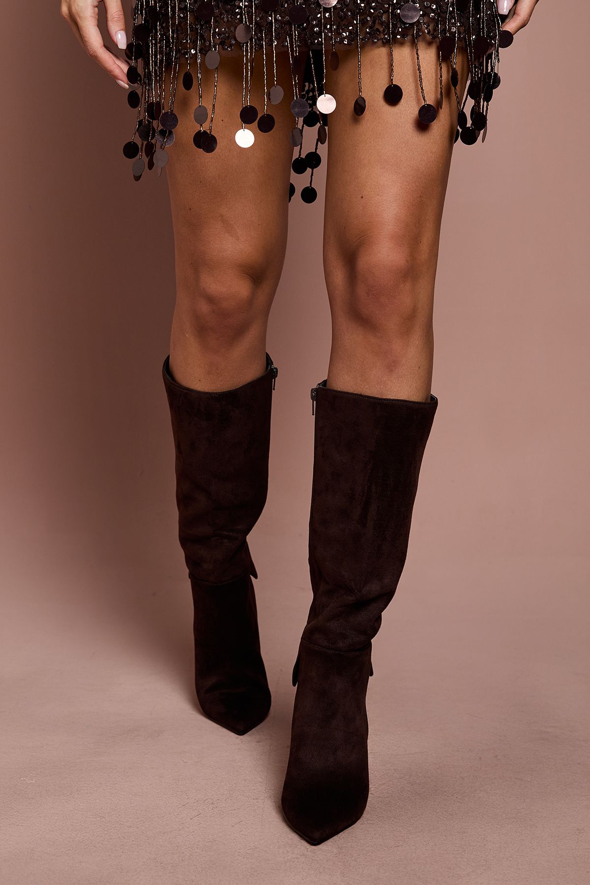 Coast Natasha Faux Suede Bow Back High Stiletto Heeled Knee Boots Chocolate image 2