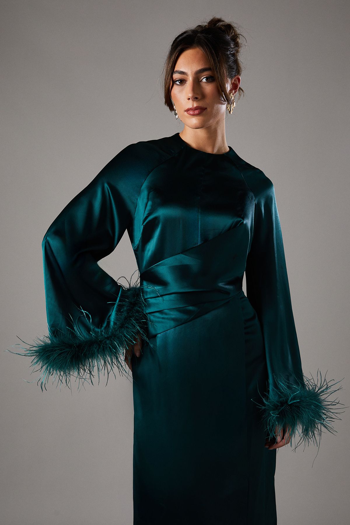 Coast Feather Trim Satin Maxi Dress Green image 3