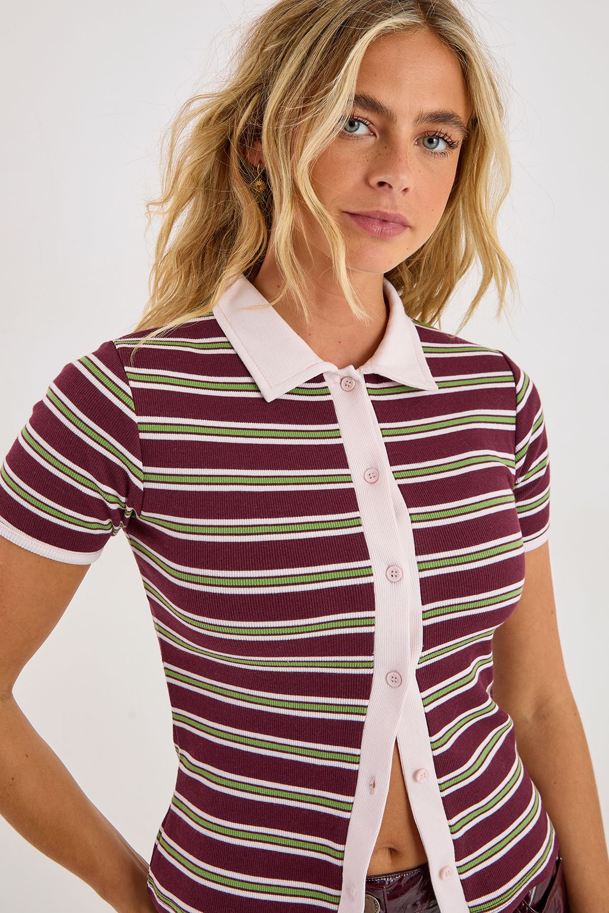 NastyGal Stripe Button Down Short Sleeve Top Burgundy image 3