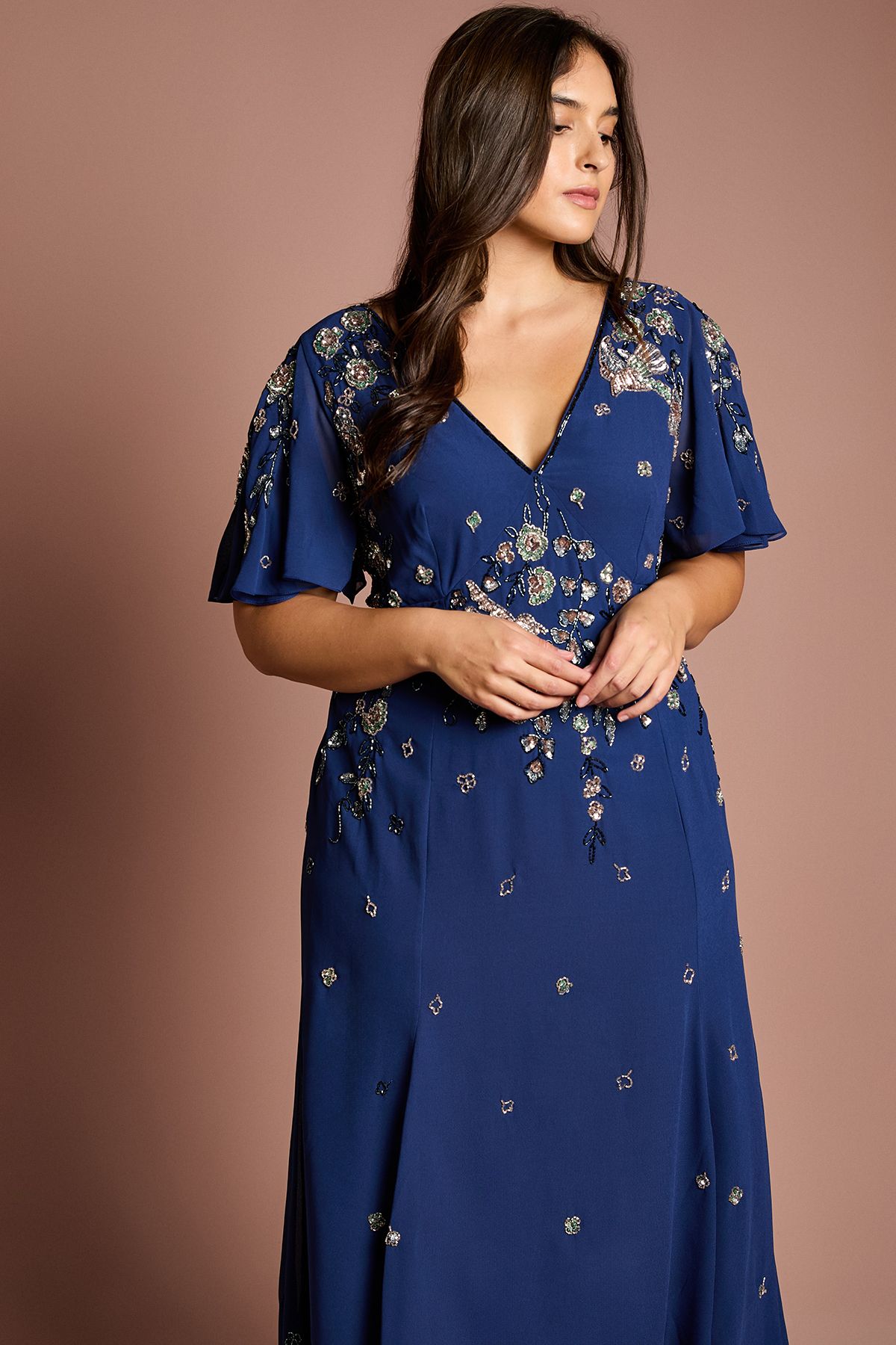 Coast Plus Floral Embellished Flutter Sleeve Midi Dress Navy image 4