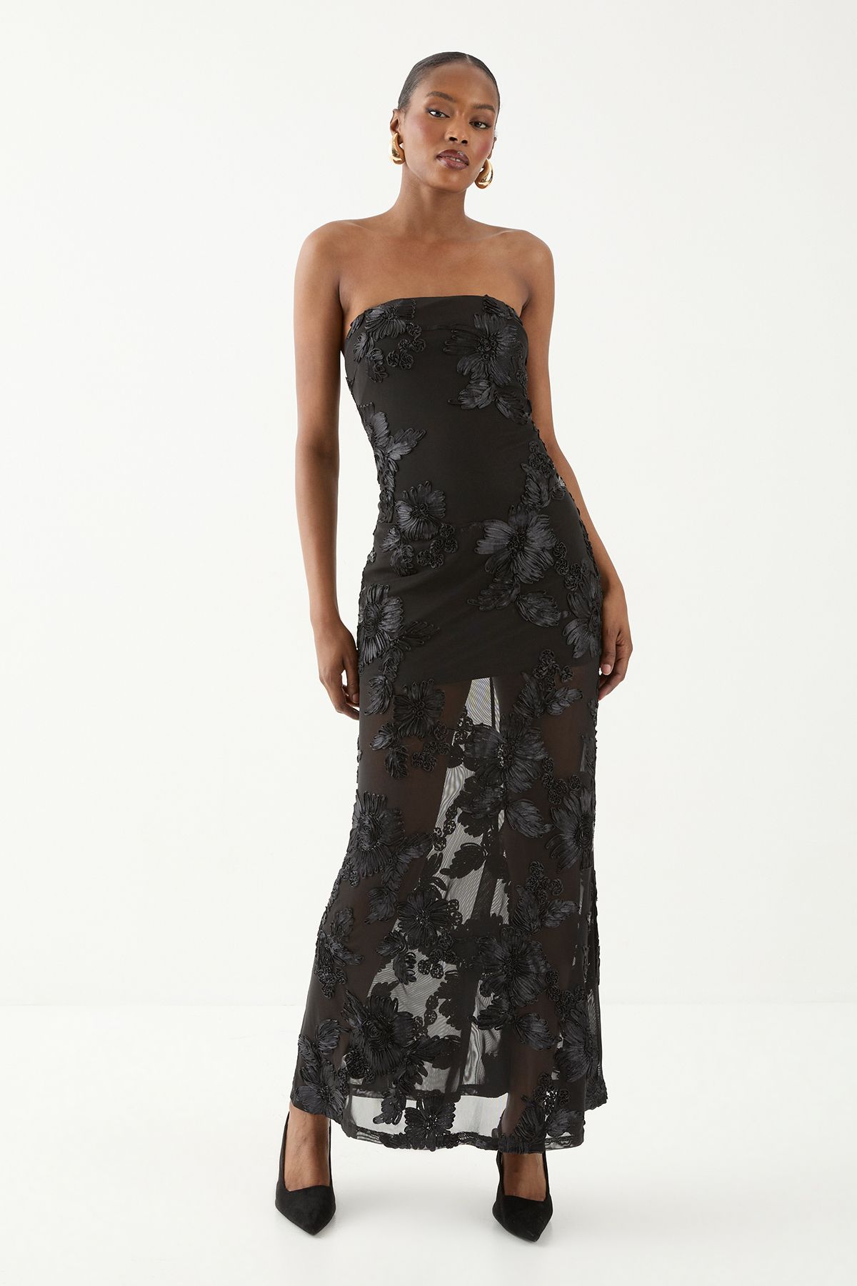 MissPap Floral Textured Bandeau Maxi Dress Black image 3