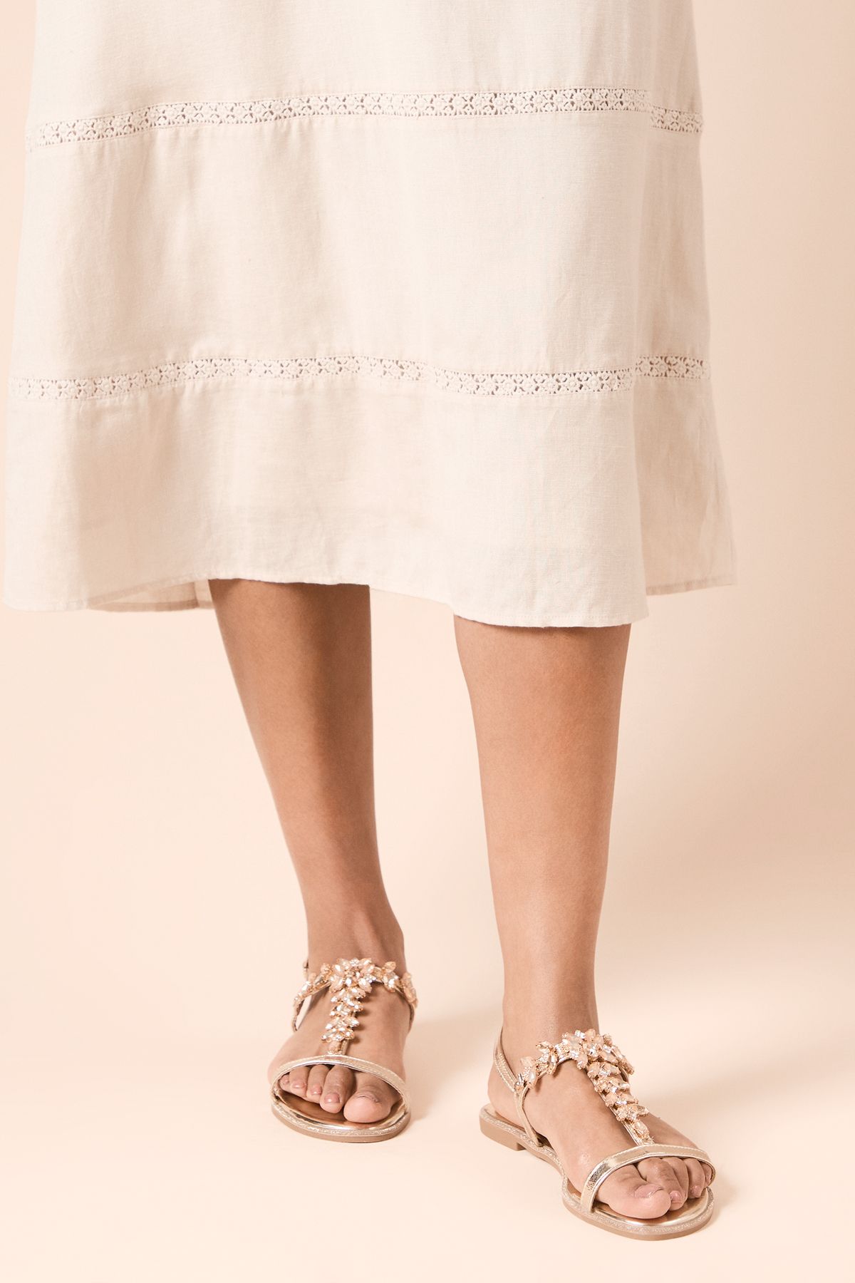 Dorothy Perkins Fuji Metallic Jewelled T Bar Flat Sandals Gold image 2