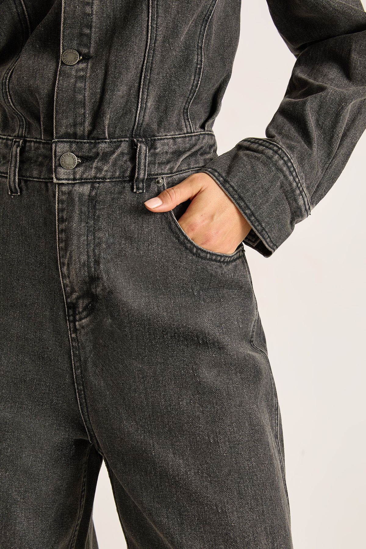 NastyGal Denim Shoulder Pad Boilersuit Washed Black image 3